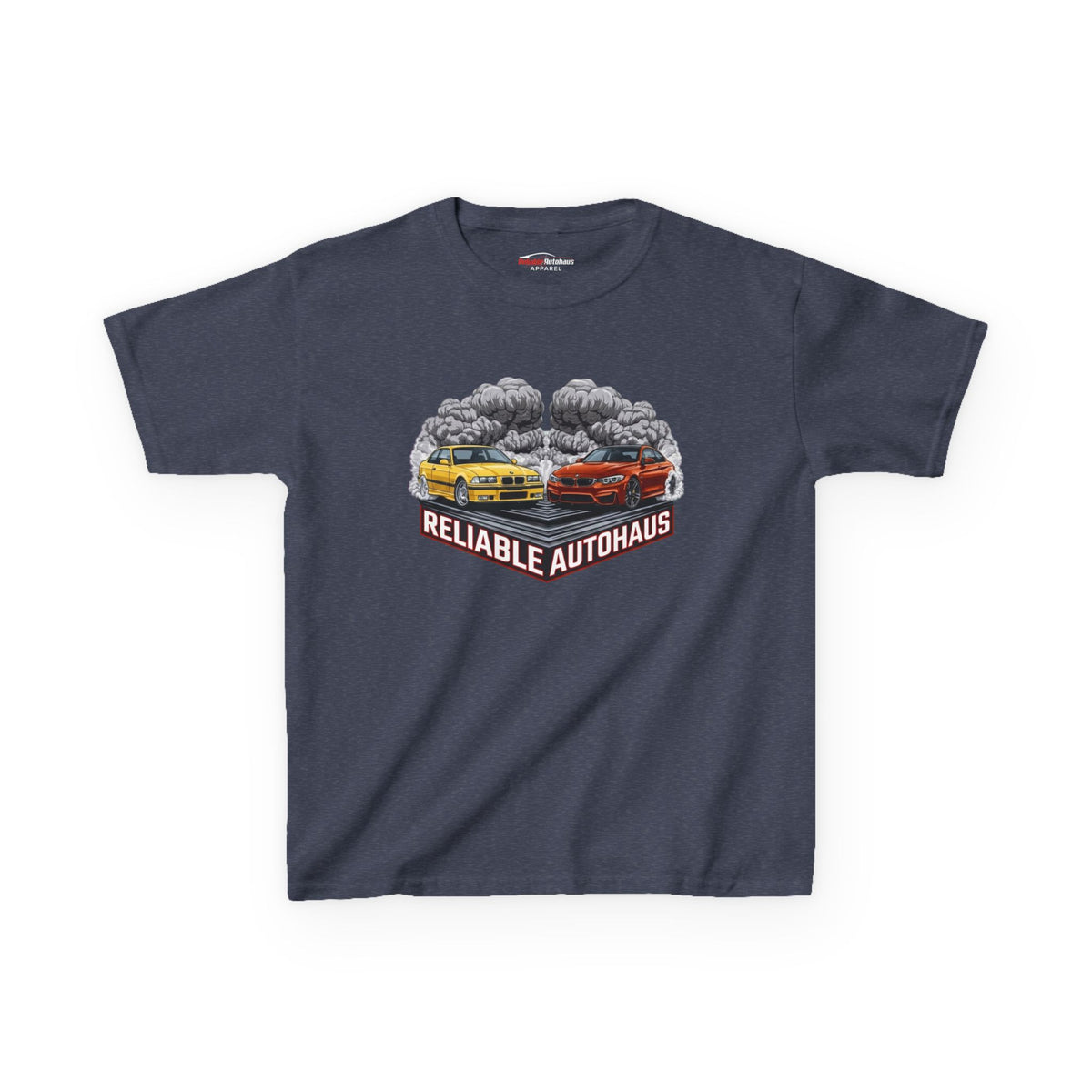 Reliable Autohaus Apparel- Reliable Autohaus E36 M3 vs F82 M4 Burnout Shirt - Kids Car T-Shirt
