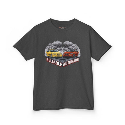 Reliable Autohaus Apparel- Reliable Autohaus E36 M3 vs F82 M4 Burnout Shirt - Kids Car T-Shirt