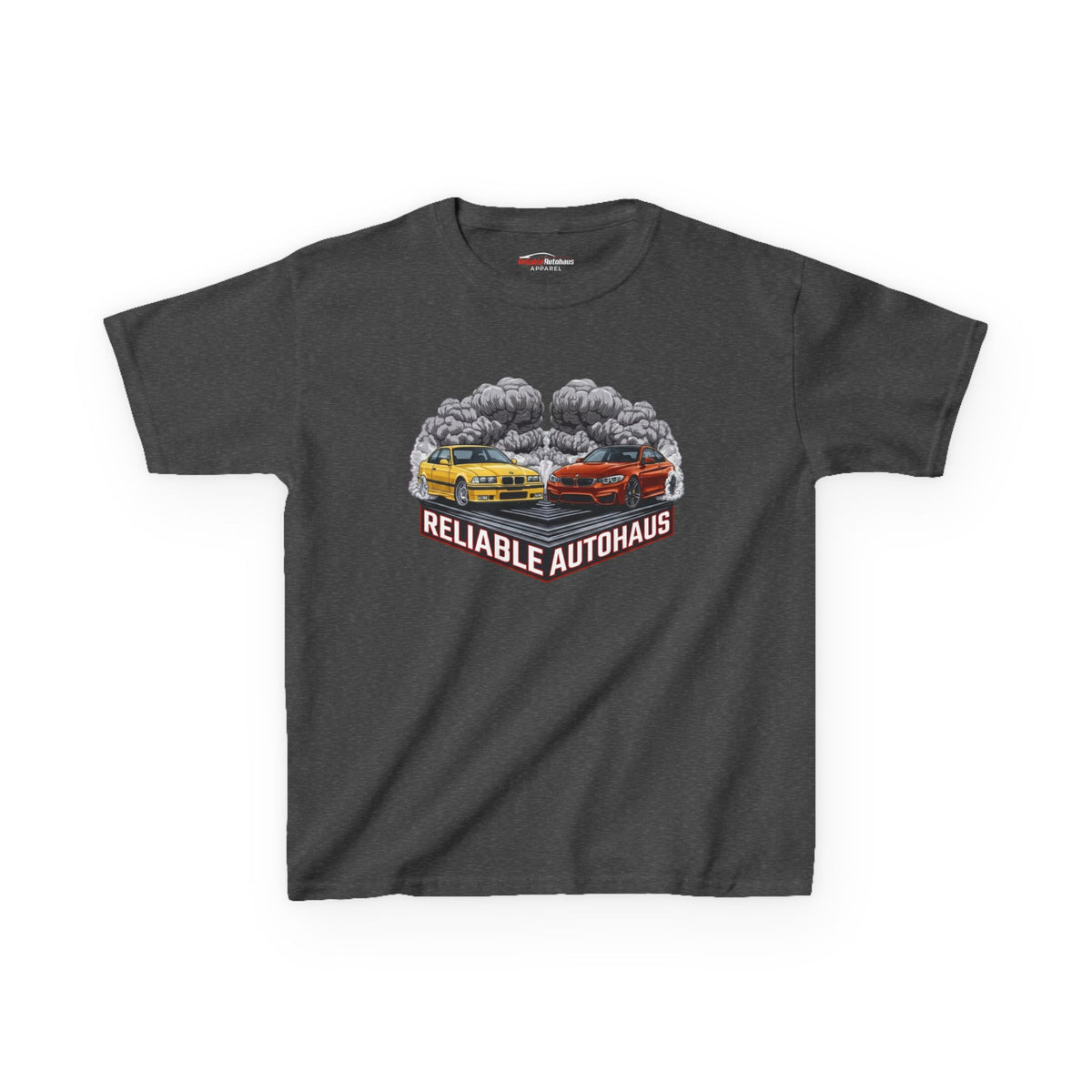 Reliable Autohaus Apparel- Reliable Autohaus E36 M3 vs F82 M4 Burnout Shirt - Kids Car T-Shirt