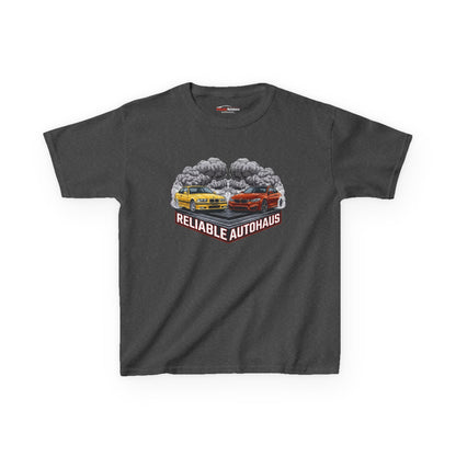 Reliable Autohaus Apparel- Reliable Autohaus E36 M3 vs F82 M4 Burnout Shirt - Kids Car T-Shirt