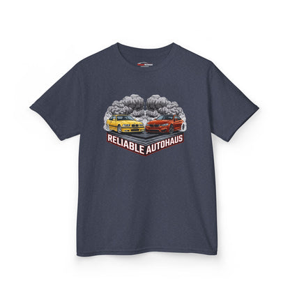 Reliable Autohaus Apparel- Reliable Autohaus E36 M3 vs F82 M4 Burnout Shirt - Kids Car T-Shirt