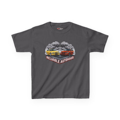 Reliable Autohaus Apparel- Reliable Autohaus E36 M3 vs F82 M4 Burnout Shirt - Kids Car T-Shirt