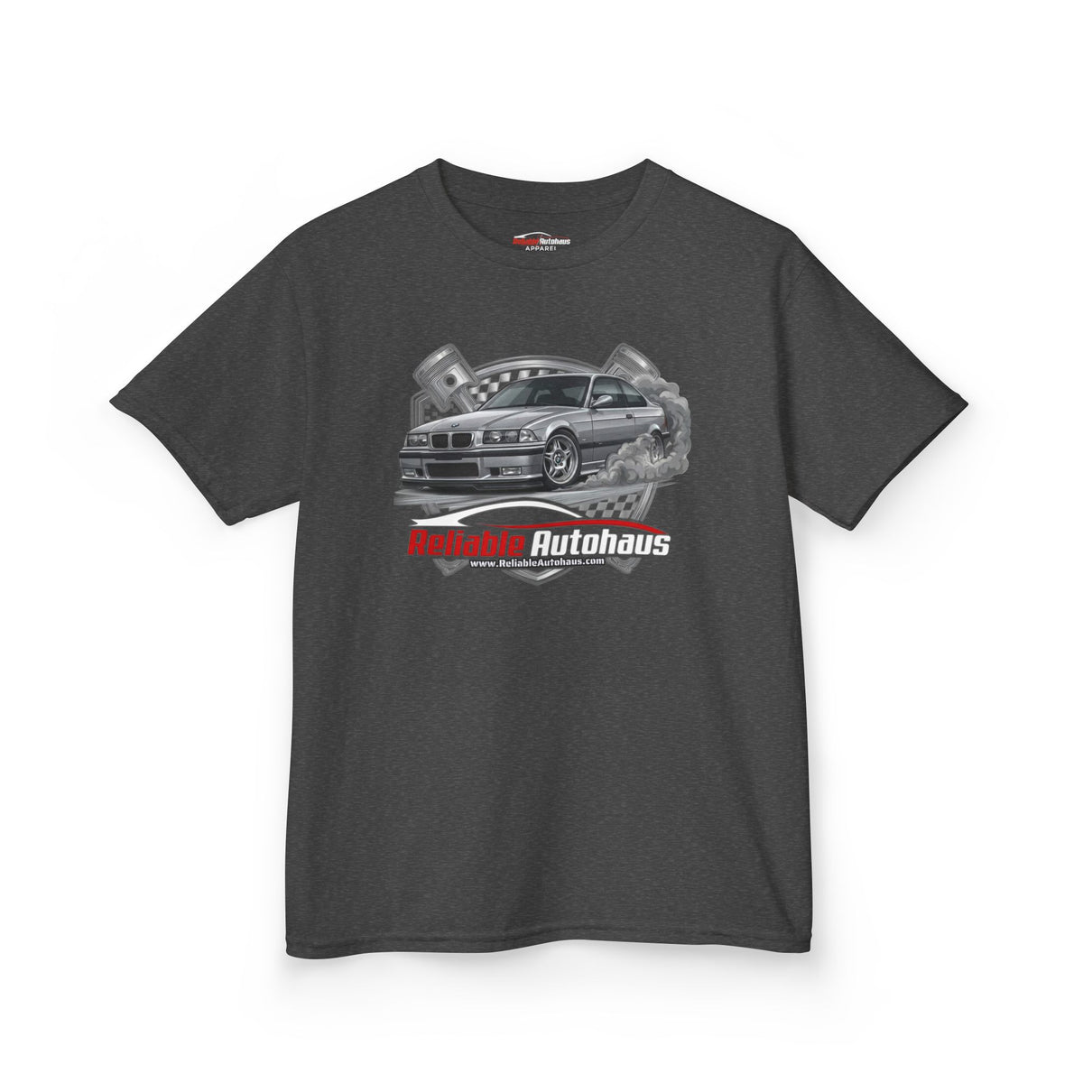 Reliable Autohaus Apparel- Reliable Autohaus E36 M3 Burning Rubber | Car Enthusiast Racing Tee - Kids Car T-Shirt