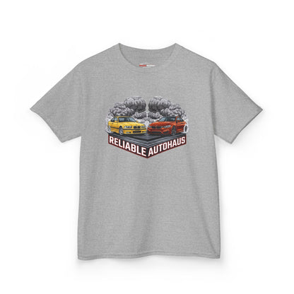Reliable Autohaus Apparel- Reliable Autohaus E36 M3 vs F82 M4 Burnout Shirt - Kids Car T-Shirt